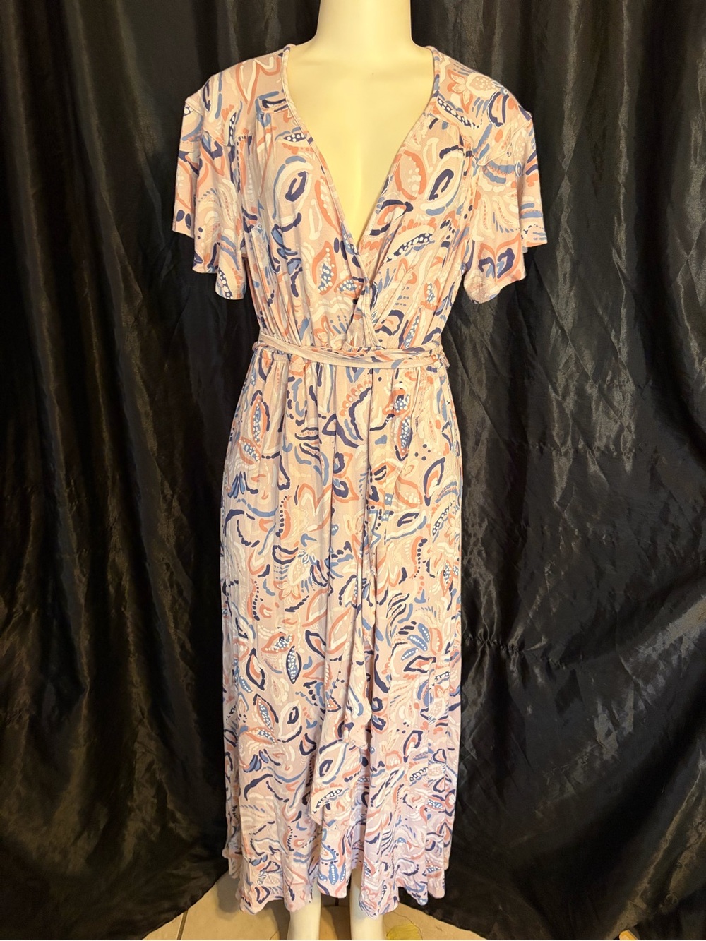 Women's maternity Pink & Blue Print Wrap Dress - Elegant V-Neck